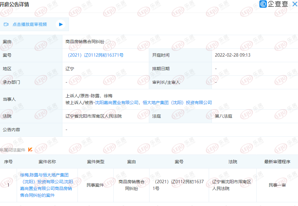 恒大地产沈阳再起波澜 新增开庭聚焦商品房销售合同纠纷