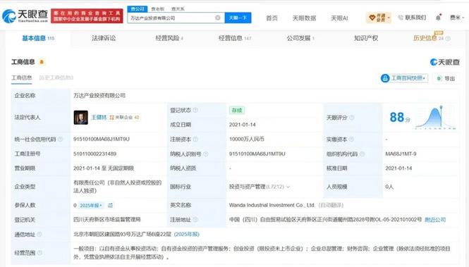 人为王健林,注册资本1亿人民币,经营范围包含以自有资金从事投资活动